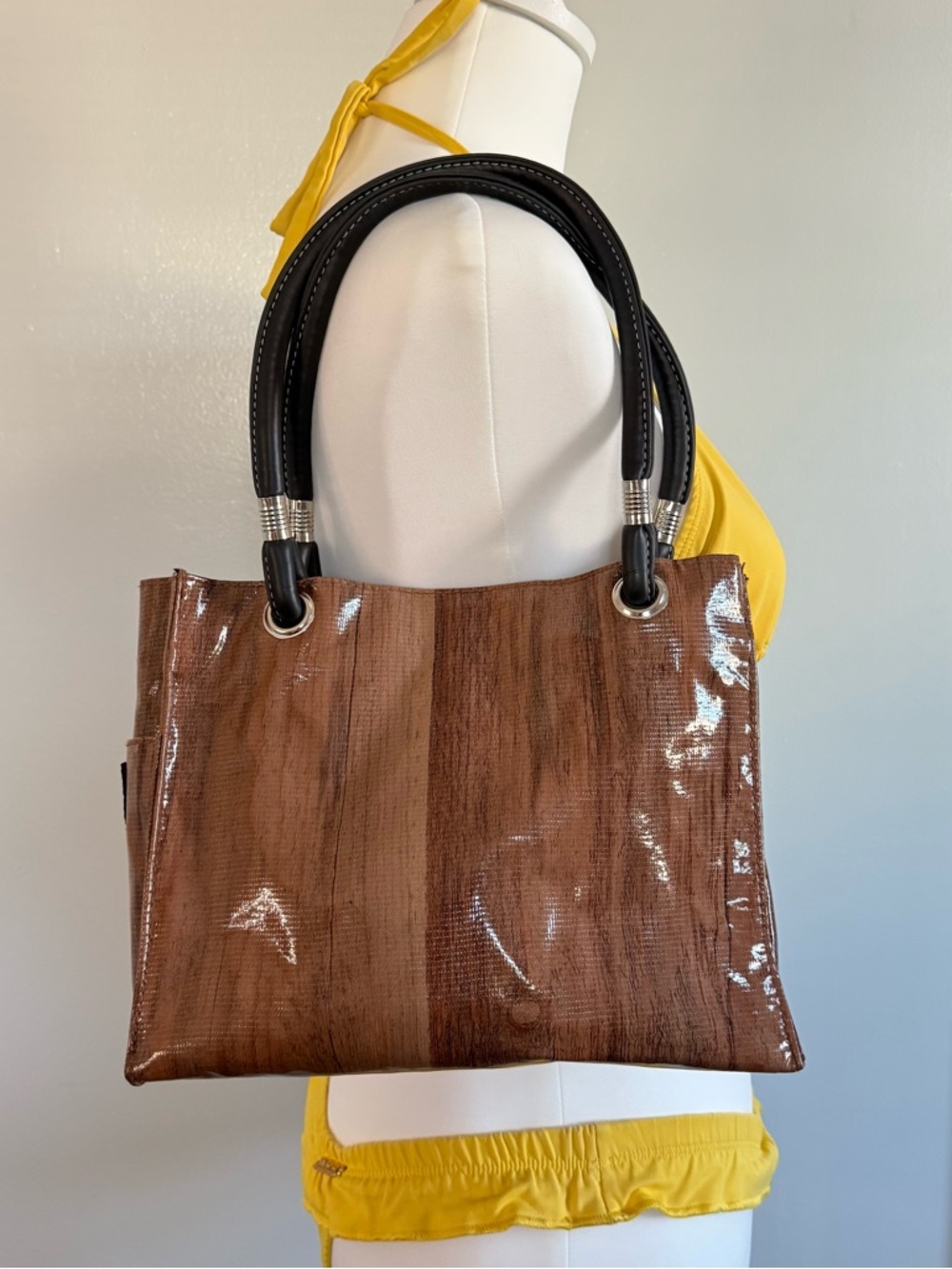 Brown Patent Tote Bag with Black Handles